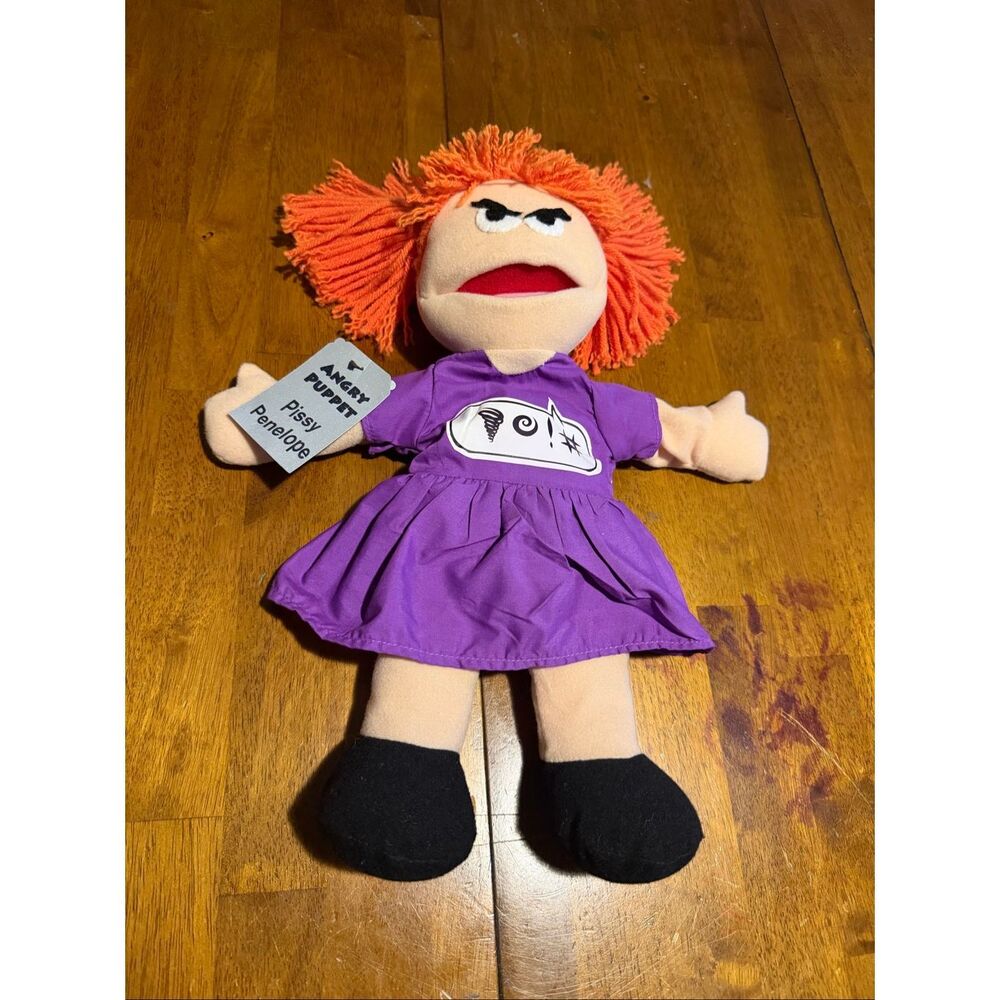 Vintage Angry Puppet Pissy Penelope Glove Puppet 15” Purple Dress Red Hair Toy